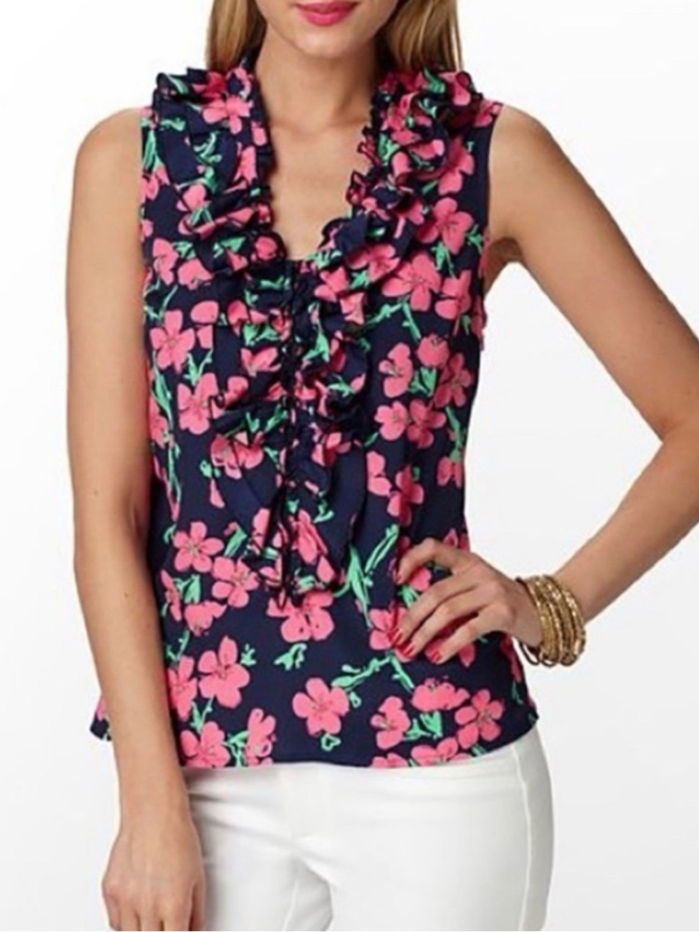 Lilly Pulitzer Allison Ruffle Tank Top Floral Navy Pink Preppy 26634 Small